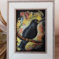Черна птичка, акварел, картина, снимка 4 - Картини - 43474703