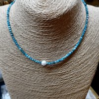 Дамски чокър с естествена перла и тюркоаз. Идея за подарък за абитуриентка., снимка 2 - Колиета, медальони, синджири - 43498953