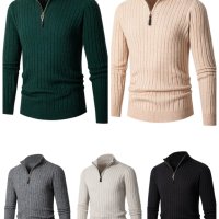 Мъжки ежедневен едноцветен еластичен плетен пуловер с кръгла яка, 5цвята - 023, снимка 1 - Пуловери - 43343538