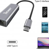 Techkey  USB Type C LAN адаптер 10/100/1000 Mbps, USB to RJ45 Ethernet, ASIX 88179, снимка 2 - Мрежови адаптери - 35462234