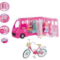 Розова каравана и велосипед с кукли, снимка 1 - Кукли - 43293387