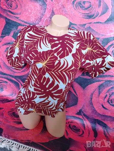 H&M Бордо блуза с къс ръкав на листа С, снимка 1