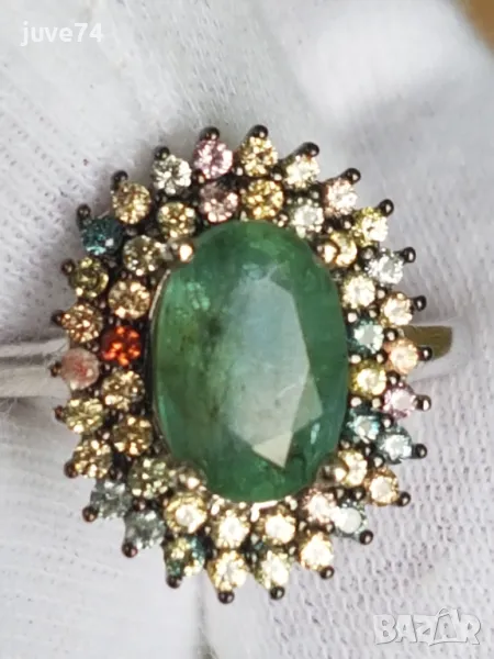 СРЕБЪРЕН ПРЪСТЕН С ИЗУМРУД И САПФИРИ, снимка 1