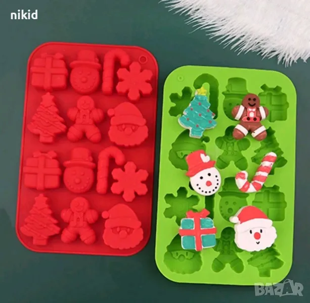 Снежинка Бастун елха Дядо Коледа подарък снежен Коледен силиконов молд форма фондан бонбони шоколад, снимка 1