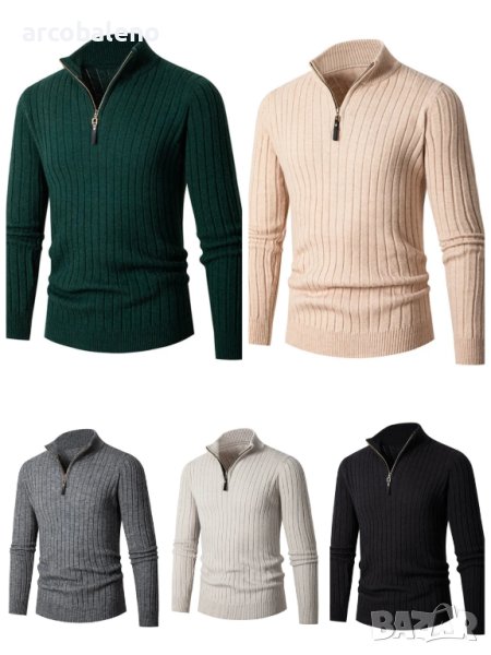 Мъжки ежедневен едноцветен еластичен плетен пуловер с кръгла яка, 5цвята, снимка 1