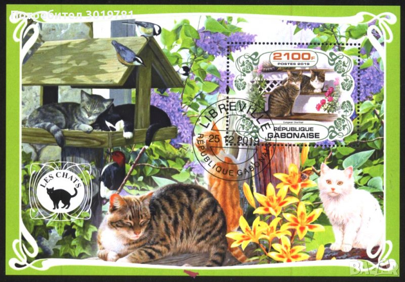 Клеймован блок Фауна Котки 2019 от Габон, снимка 1