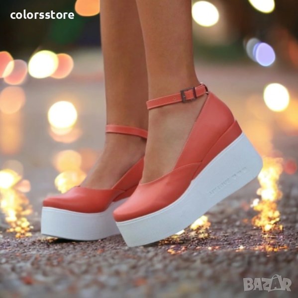 Обувки на платформа - корал кожа с бяло ходило - 125K, снимка 1