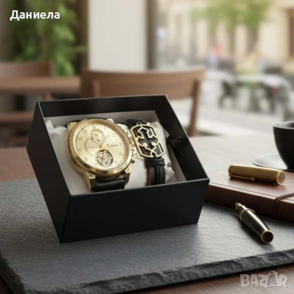 Елегантен мъжки комплект – часовник с черна каишка и гривна с метален щит, снимка 1