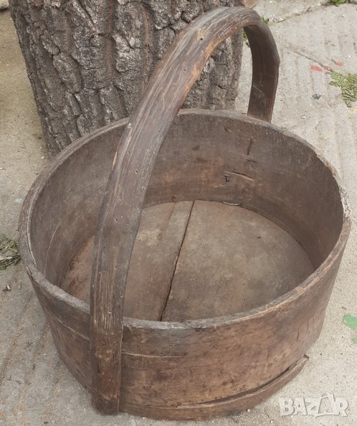 много Стара дървена крина с дръжка, дървена мярка за обем, съд, снимка 1