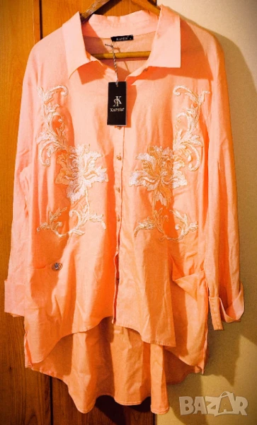 👚 Банкетна лятна дамска риза – бледорозова с бродерия 4XL–6XL, снимка 1