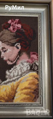 Ретро гоблен* " Момичето с книгата" * Рамка от дърво, снимка 2 - Антикварни и старинни предмети - 49198421