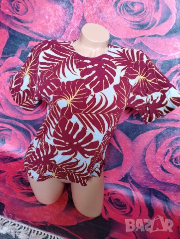 H&M Бордо блуза с къс ръкав на листа С, снимка 1
