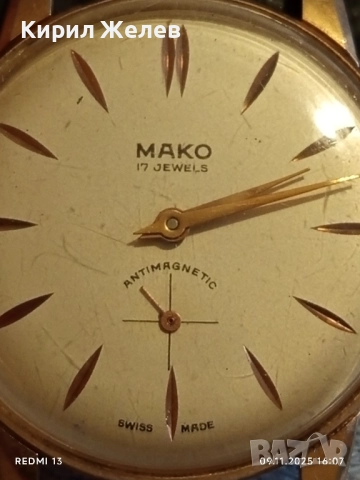 Стар механичен часовник мъжки MAKO SWISS MADE с позлата за КОЛЕКЦИЯ 51445, снимка 2 - Антикварни и старинни предмети - 52352161