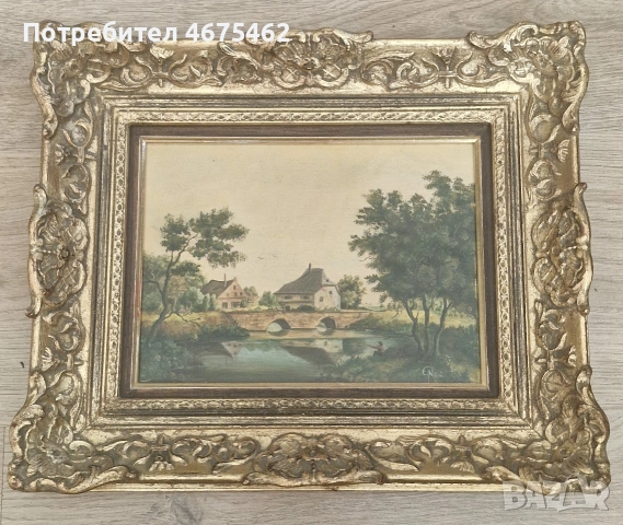 Картина със селски къщи и каменен мост