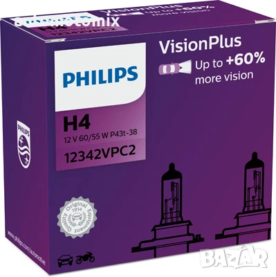 Крушки за фарове Philips H4 VisionPlus +60% 2бр ,4444