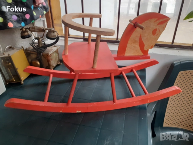 Старо голямо детско дървено конче играчка люлка Соц.
