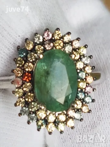 СРЕБЪРЕН ПРЪСТЕН С ИЗУМРУД И САПФИРИ, снимка 1