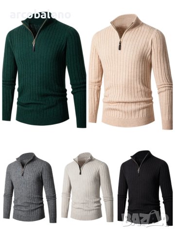 Мъжки ежедневен едноцветен еластичен плетен пуловер с кръгла яка, 5цвята - 023, снимка 1 - Пуловери - 43343538