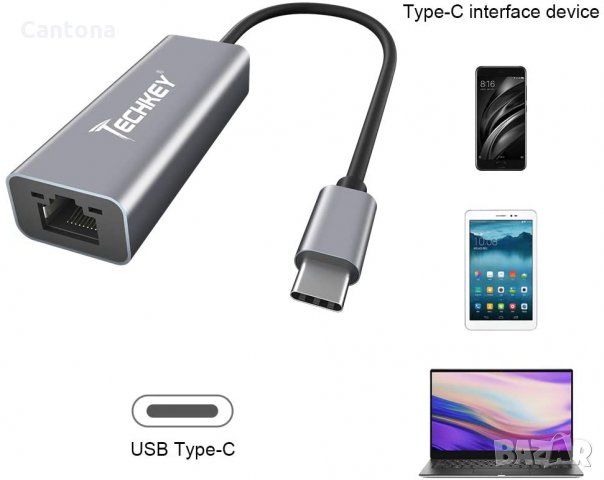 Techkey  USB Type C LAN адаптер 10/100/1000 Mbps, USB to RJ45 Ethernet, ASIX 88179, снимка 2 - Мрежови адаптери - 35462234