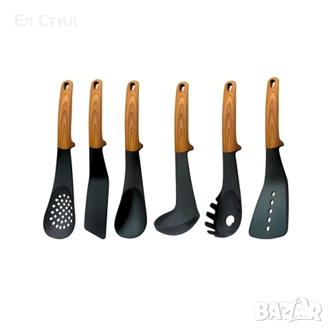 Комплект кухненски прибори 6 части с въртяща се стойка– дървесна визия, снимка 8 - Прибори за хранене, готвене и сервиране - 53573058