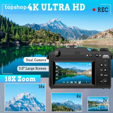 Цифрова фотокамера TEKXDD, 4K Vlog камера, 64GB SD, 18X увеличение, двойна камера предна и задна..., снимка 4 - Камери - 50542377