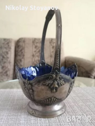Антична кошничка със синьо стъкло, снимка 2 - Антикварни и старинни предмети - 26689876
