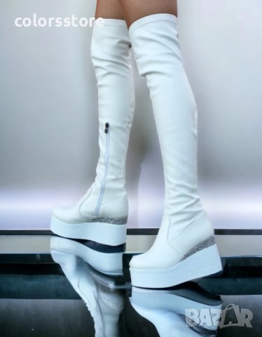 Ботуши на платформа - бяла кожа и брокат - 122K