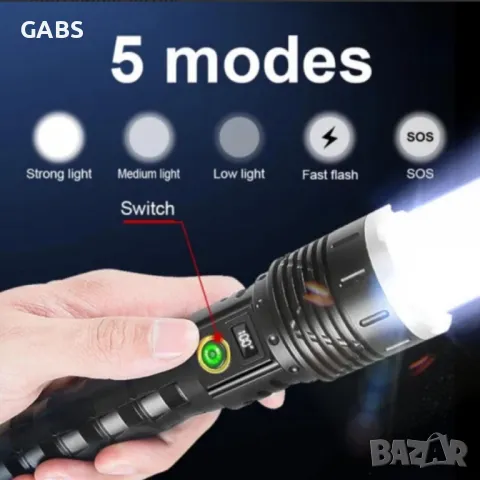 Мощен LED фенер JMK голям,USB зареждане с дисплей за заряда на батерията, снимка 7 - Екипировка - 49252101