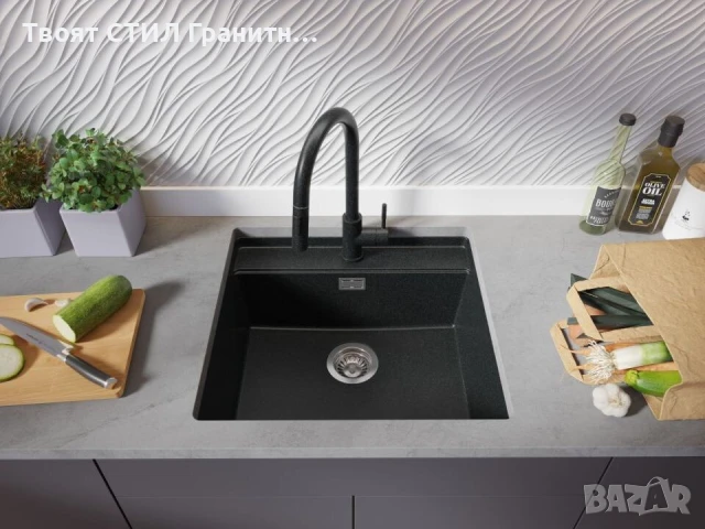 Графит кухненска мивка за вграждане под плот Берген 60 Low 560x530 мм, снимка 3 - Мивки - 51415910