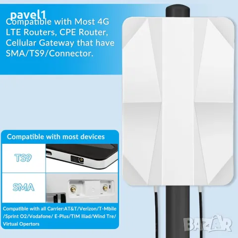 Антена Nelawya, 4G LTE 5G, MIMO, 700-3800 MHz, 12 dBi, 10 m кабел, снимка 5 - Друга електроника - 48773707