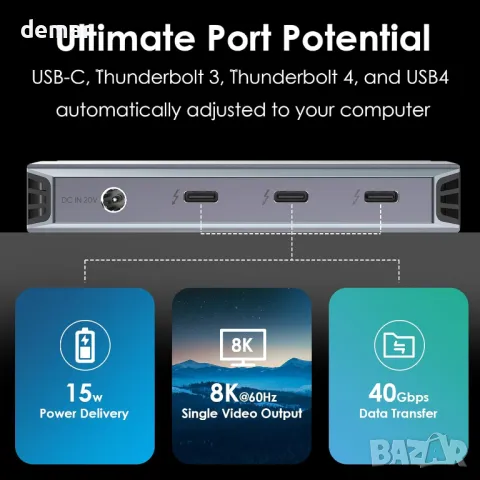 Докинг станция Thunderbolt 4, WAVLINK USB C хъб с двоен 4K@60Hz дисплей, 100w PD, USB-A 3.2 Gen 2, снимка 6 - Кабели и адаптери - 49889973