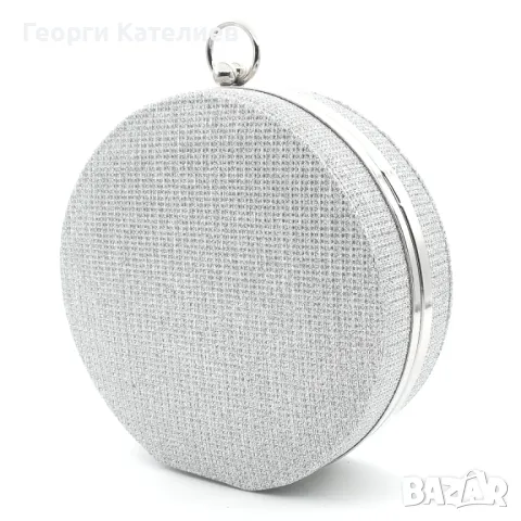 Официална дамска чанта клъч малка, кръгла, сребриста, твърда, снимка 3 - Чанти - 48355876