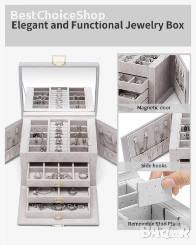 Голяма кутия за бижута от PU кожа с огледало – 4 нива, кадифена подплата, снимка 7 - Бижутерийни комплекти - 53068087