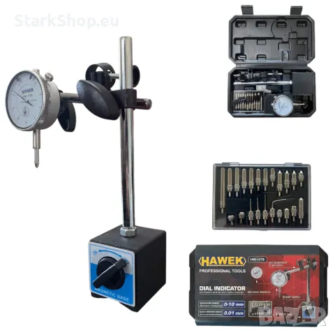 Магнитна стойка и индикаторен часовник HAWEK 0-10 мм