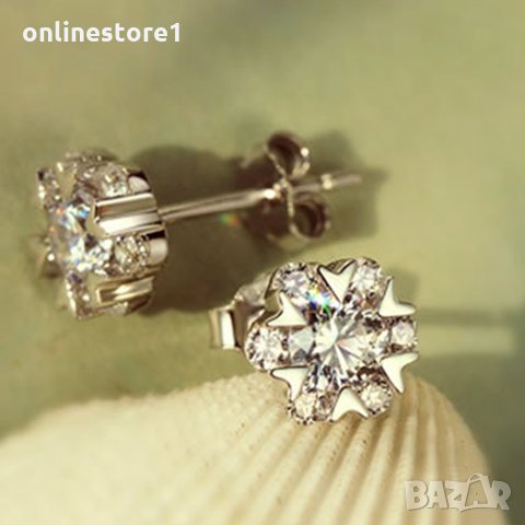 Сребърни Обеци Искряща Снежинка - 925 печат сребро BA221, снимка 3 - Обеци - 28147744
