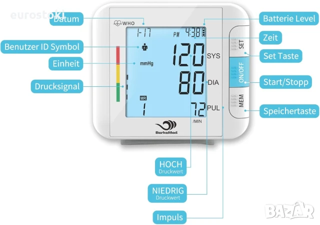 BerkeMed 313 Апарат за измерване на кръвно налягане за китка, напълно автоматичен, 2 x 99 памети, снимка 6 - Други - 51109446