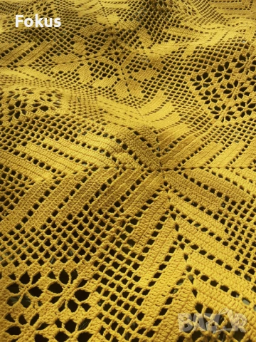 Стара голяма жълта покривка плетена на една кука, снимка 4 - Антикварни и старинни предмети - 53280144