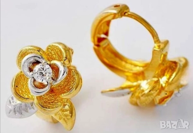 Разкошни обеци цвете с листенце от 14к попълнено злато и цирконии 20 лв., снимка 3 - Обеци - 51766937
