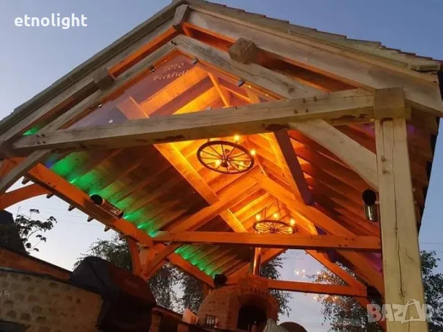 Полилеи, осветление от автентични реставрирани колела от каруца с ръчно изработени дървени чашки , снимка 8 - Полилеи - 49968867