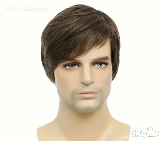 Мъжка къса коса / перука с бретон – кафява, естествен вид, снимка 2 - Аксесоари за коса - 49825759