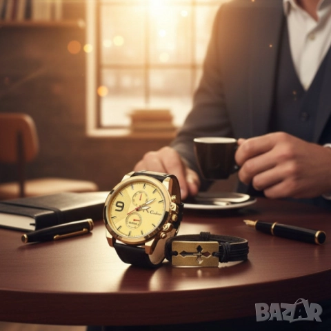Мъжки комплект Geduo – елегантен часовник със златист циферблат и кожена гривна в подаръчна кутия, снимка 6 - Бижутерийни комплекти - 51947439