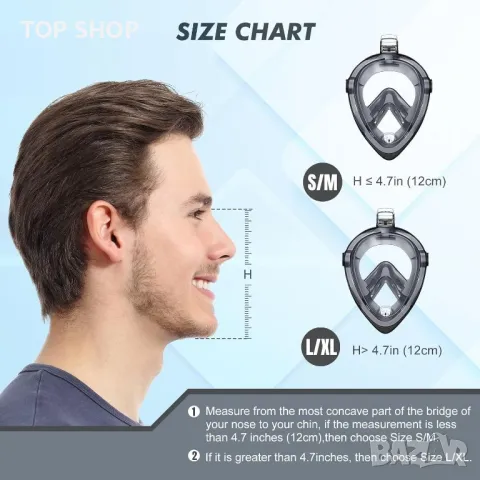 KUYOU Цялолицева маска за гмуркане с шнорхел, с най-новата дихателна система Dry Top, сгъваема 180°, снимка 6 - Водни спортове - 49333100