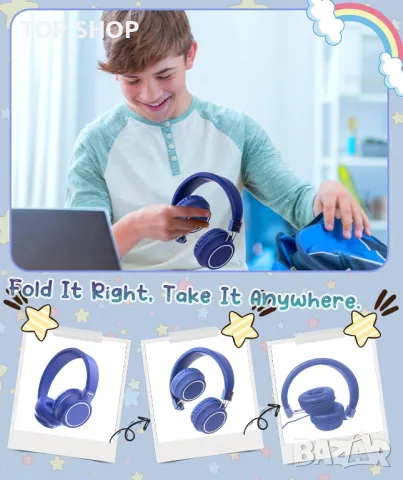 Детски слушалки SMEIWANR регулируеми, сгъваеми, с микрофон, 3,5 mm TRRS/USB C адаптер, тъмно синьо, снимка 6 - Детски - 49417964