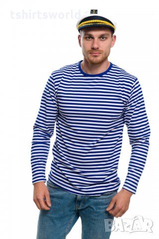 Нов мъжки моряшки комплект: моряшка блуза с дълъг ръкав и капитанска шапка, снимка 3 - Блузи - 32771009
