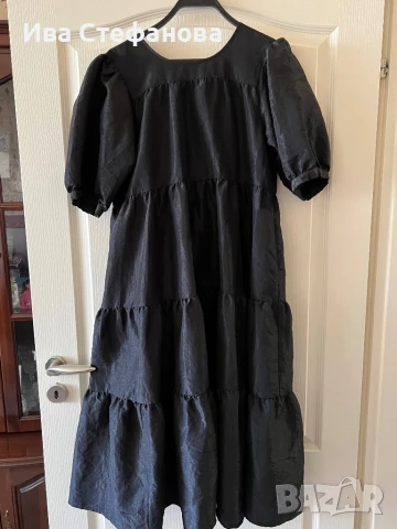 Нова разкошна свободна кройка елегантна дълга миди дължина черна рокля волани буфан ръкав , снимка 4 - Рокли - 50243368