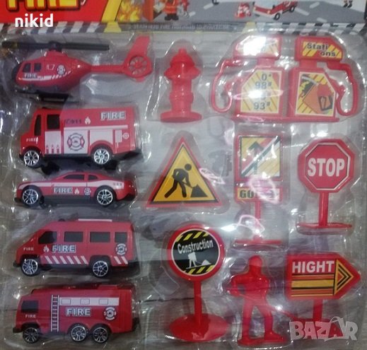Сет Пожарникар Пожарна Линейка Знаци пластмасови фигурки за игра и украса торта играчки  , снимка 1