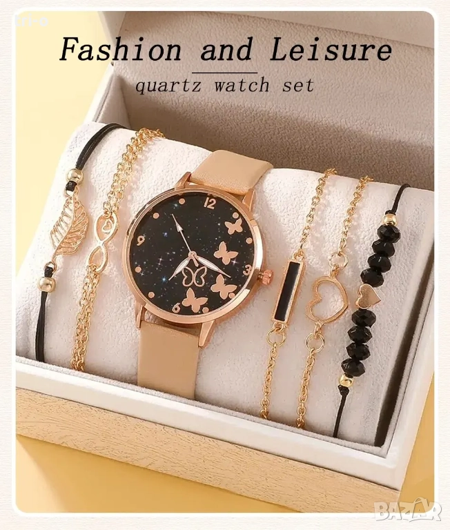 Дамски моден кварцов часовник с пеперуди + 5 гривни, без кутия, снимка 1