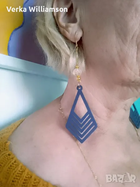  Тъмно сини обици от дърво модел 6, снимка 1