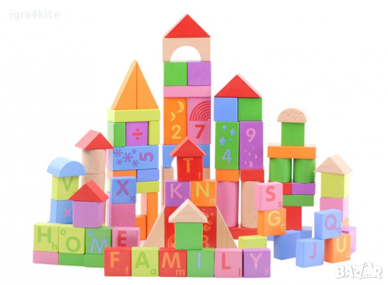 Дървен Конструктор 100 части Цветни Кубчета Строител Сортер, снимка 1