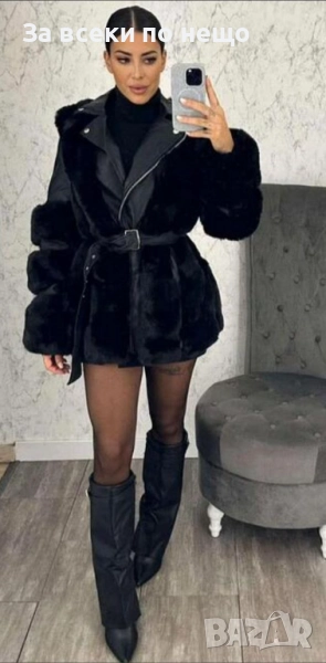 Дамско Черно Пухкаво Кожено Яке Код S207, снимка 1